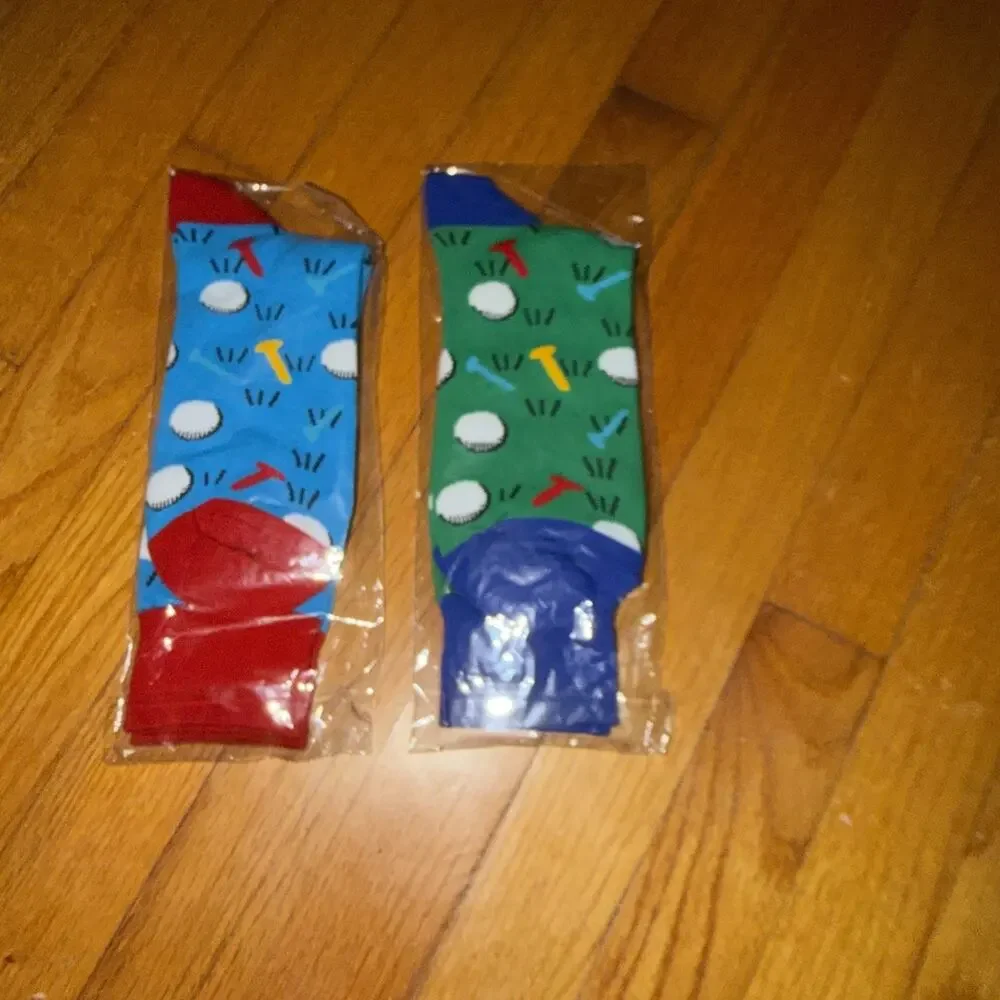 Lot Of 2 Colorful Golf Tee Balls Cotton Socks For Men New N I P Blue Green Red